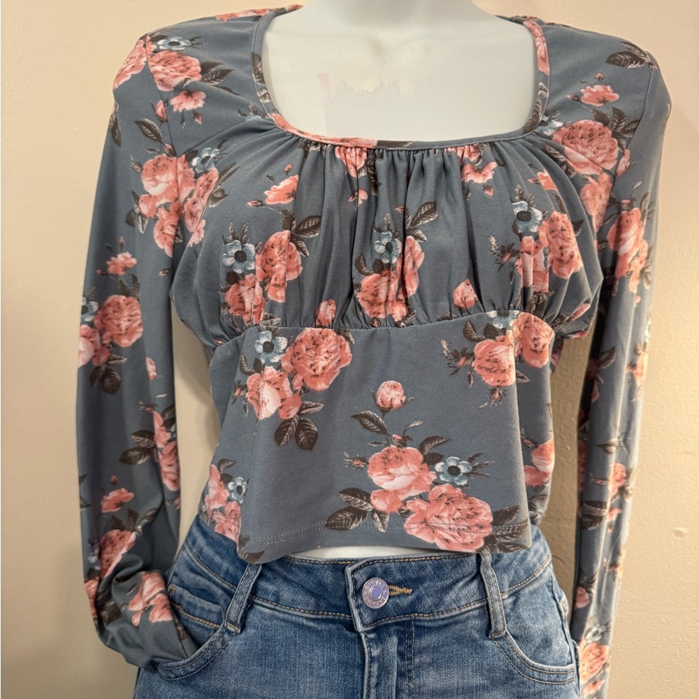 Boho Floral Long Sleeve Blouse in Gray and Pink